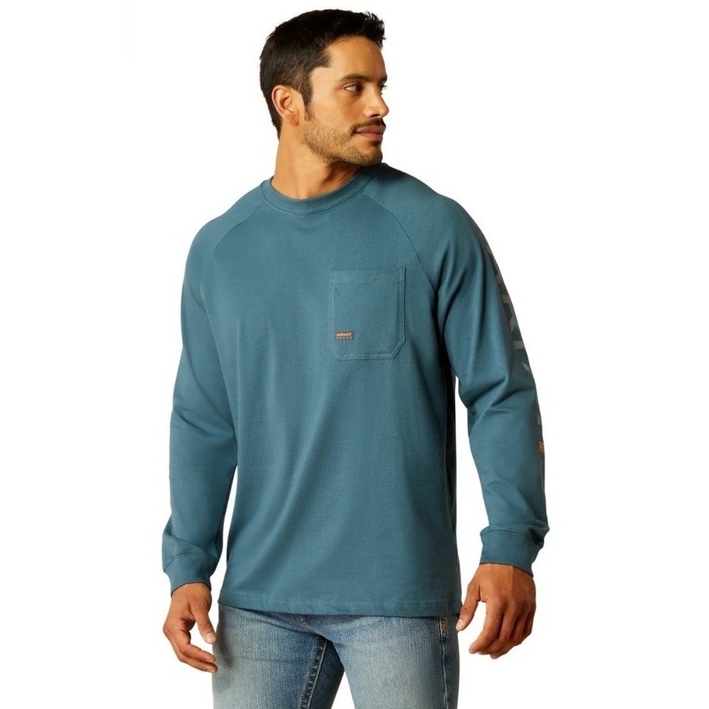Ariat Mens Cotton T-Shirt XXLT Blue Rebar Long Sleeve Pocket Graphic Workwear